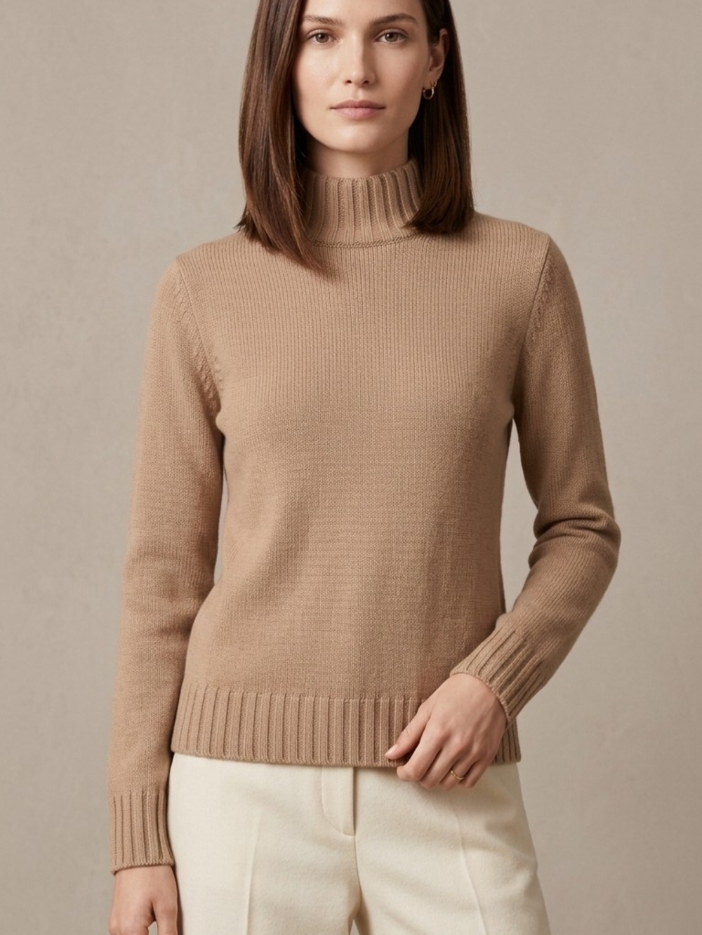 The limited women's Merino Wool Knit Sweater Mock-neck Camel Winter Quiet Luxury